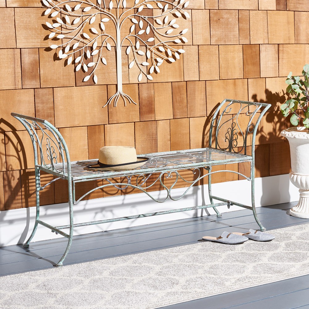 Arieth French Country Antique Green Iron Outdoor Garden Bench|