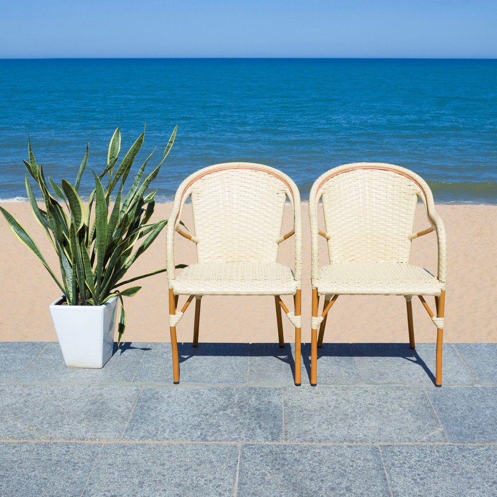Hayden Coastal Beige Woven Faux Wicker Outdoor Dining Arm Chair - Set of 2|