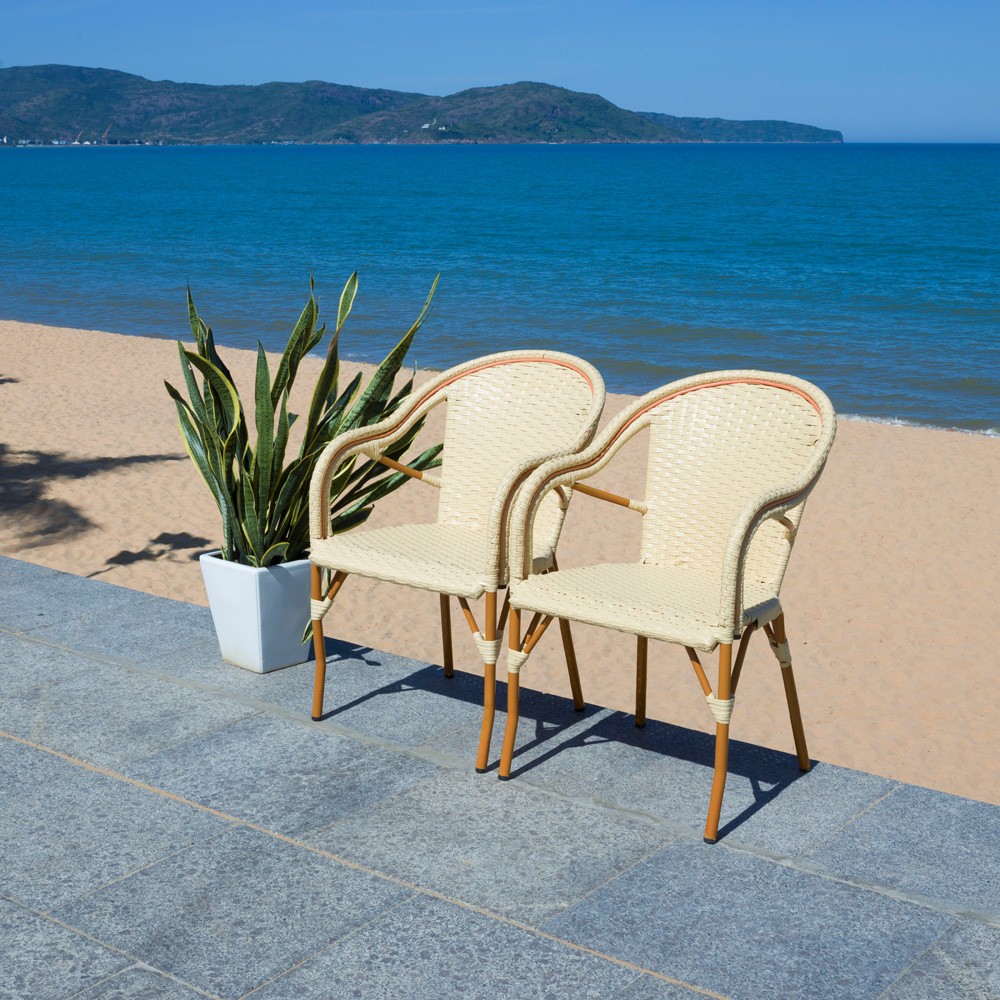 Hayden Coastal Beige Woven Faux Wicker Outdoor Dining Arm Chair - Set of 2|