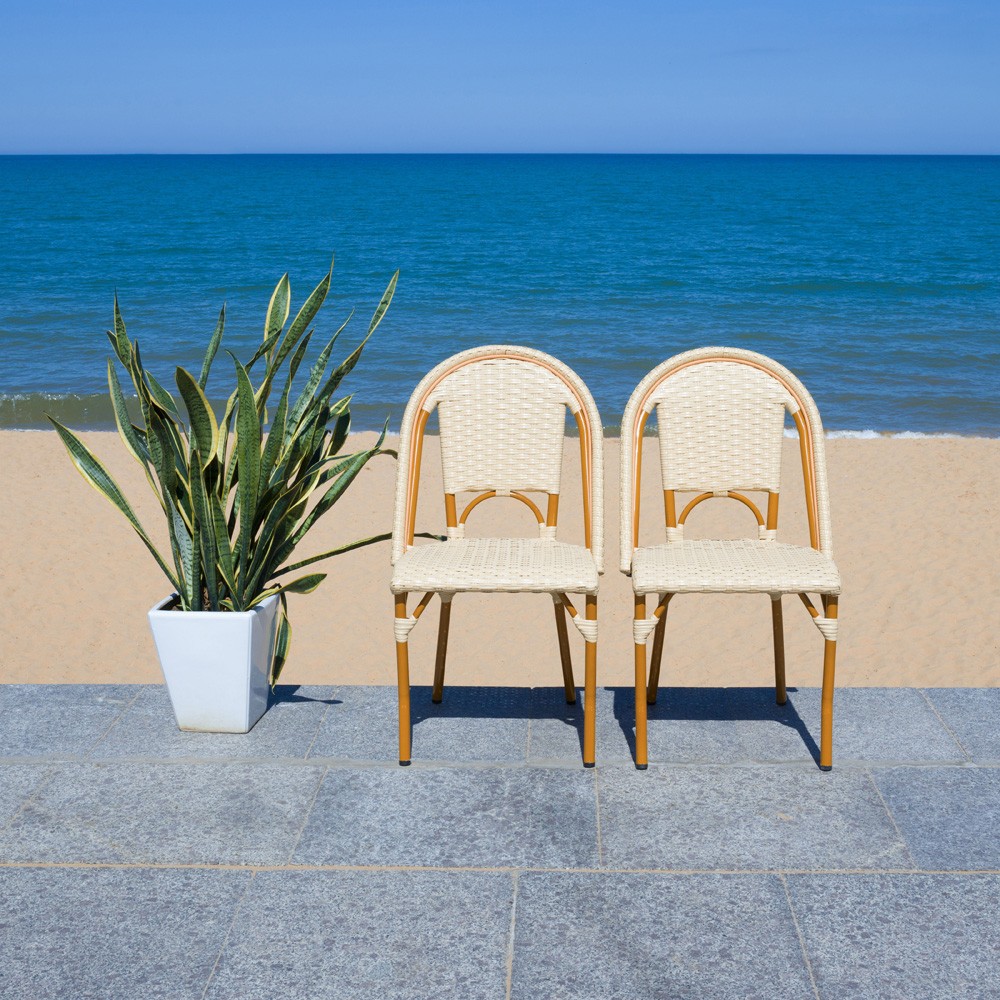 Hayden Coastal Beige Woven Faux Wicker Outdoor Dining Chair - Set of 2|