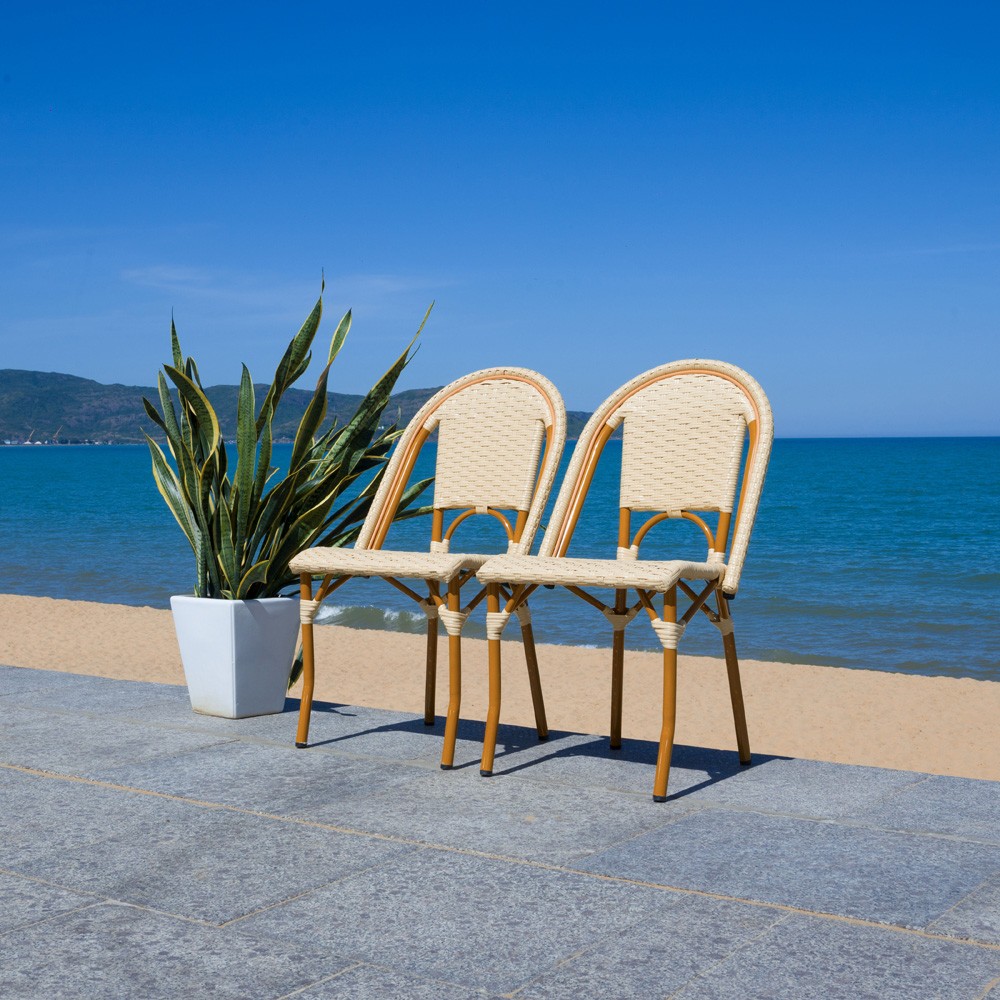 Hayden Coastal Beige Woven Faux Wicker Outdoor Dining Chair - Set of 2|