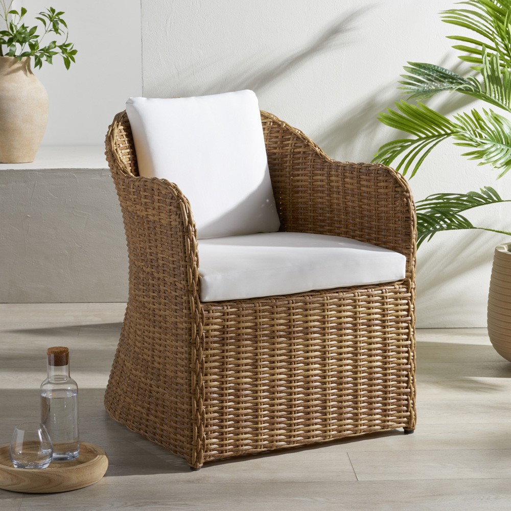 Kylie Coastal Beach Brown Woven Wicker Outdoor Dining Arm Chair|