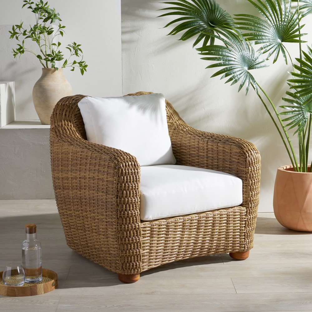 Kylie Coastal Beach Brown Woven Wicker Outdoor Lounge Arm Chair|