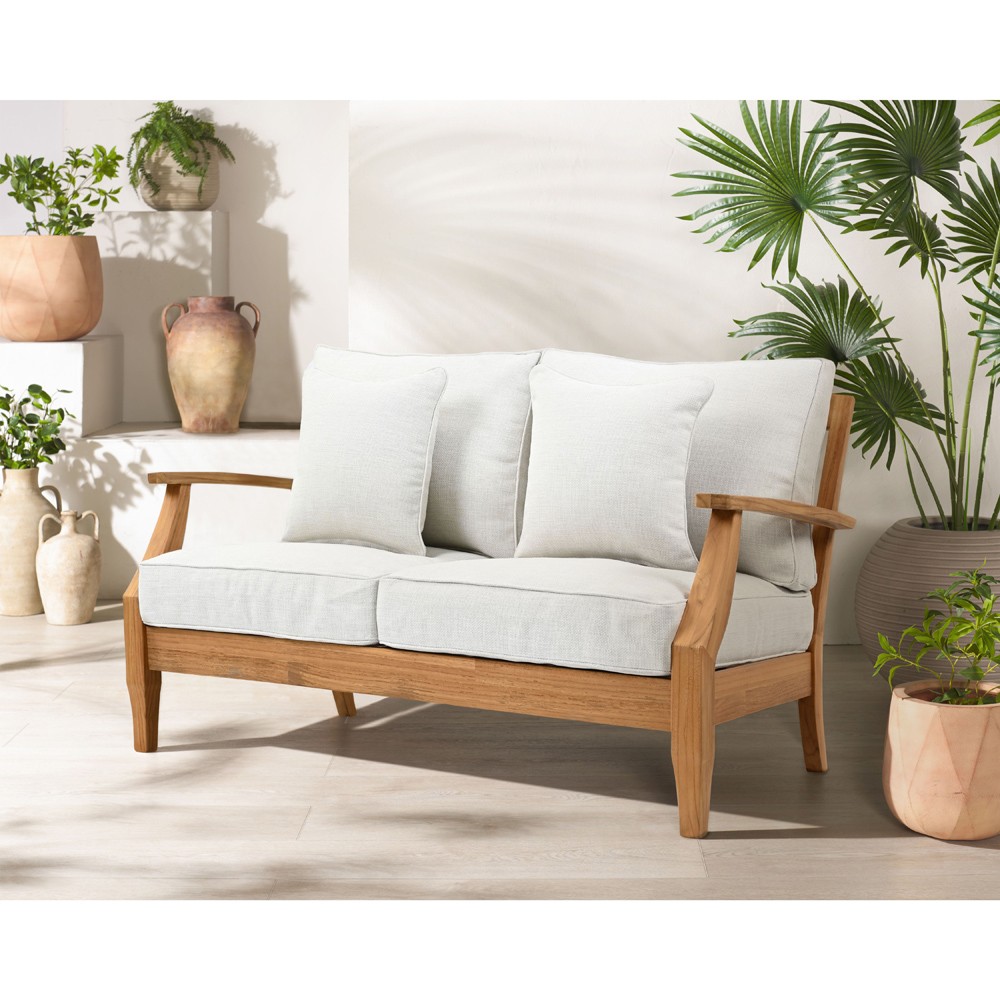 Camila Coastal Beach Off White Cushion Natural Teak Outdoor Loveseat|