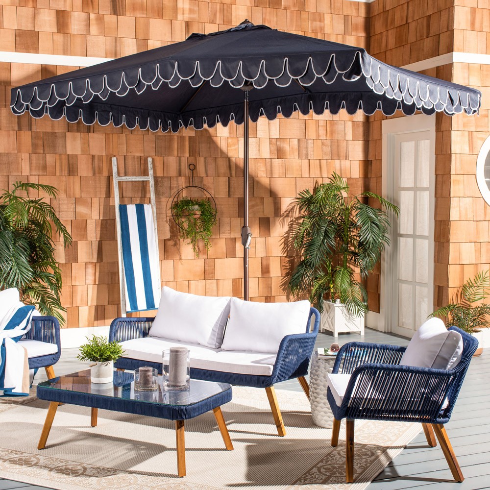 french patio umbrella LAGarden 6 Ft Fringe with Tassel Jazz Age Wood UPF50+ for Transform your outdoor space into a serene oasis with the Torsa 9 ft crank umbrella in a delightful baby blue shade Maria Stripe Taupe Fabric Vintage