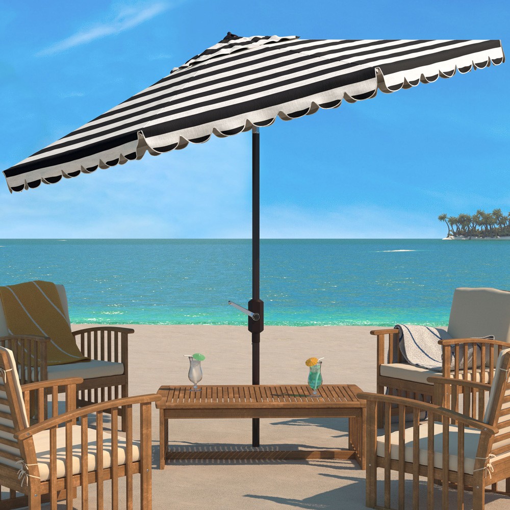 dixieline patio umbrella Inès French Country Black Striped Round Scalloped Patio Umbrella