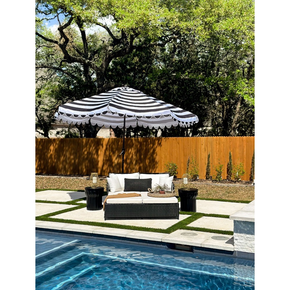 black stripe patio umbrella Inès French Country Black Striped Round Scalloped Patio Umbrella