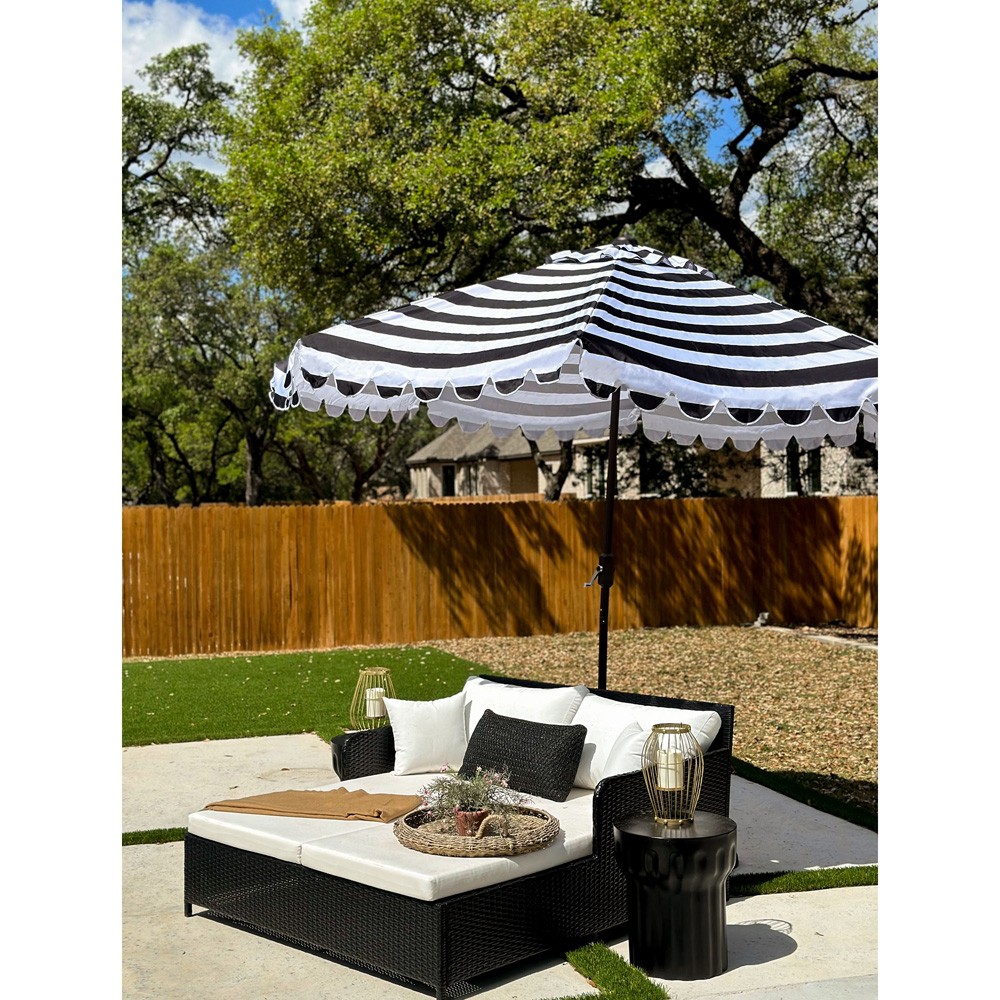 black and biege striped patio umbrella Inès French Country Black Striped Round Scalloped Patio Umbrella