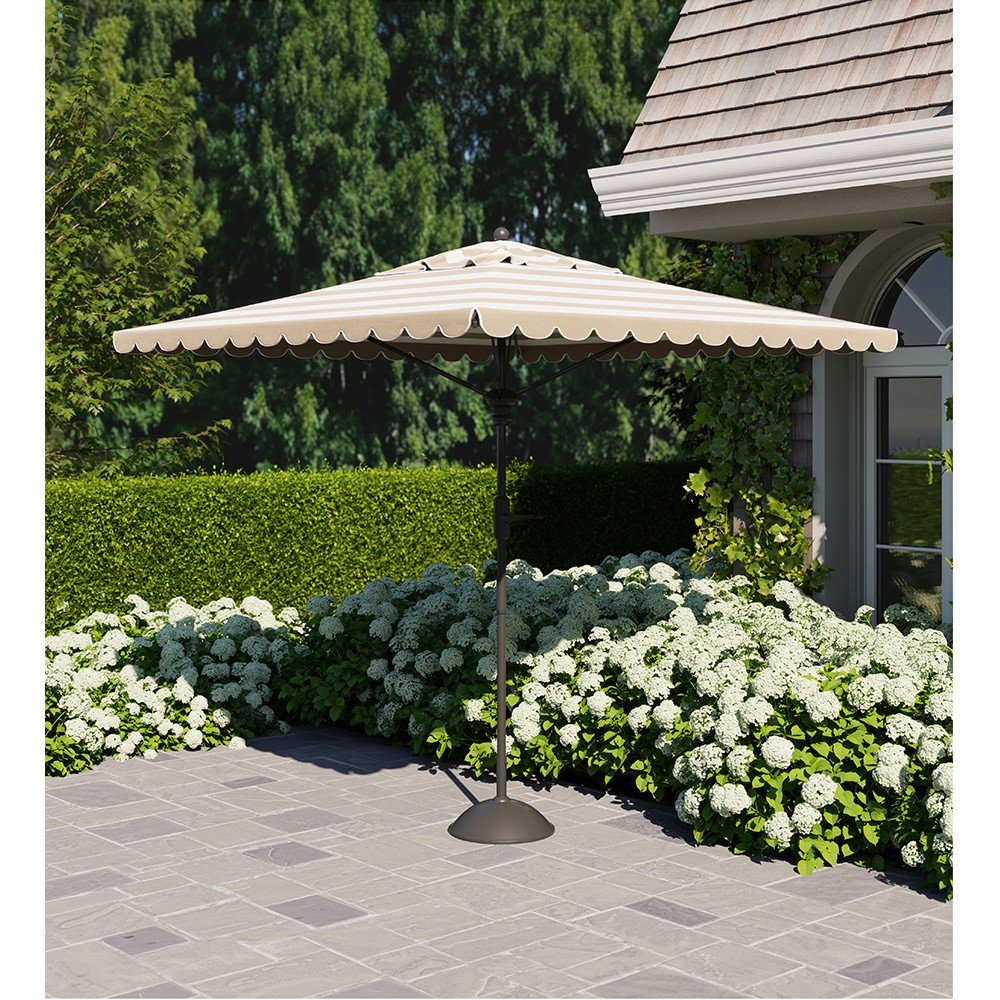 beige and black scalloped patio umbrella Inès French Country Beige Striped Rectangular Scalloped Patio Umbrella