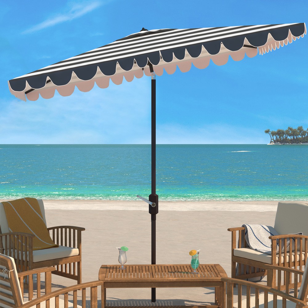 blue and green striped patio umbrella Inès French Country Blue Striped Rectangular Scalloped Patio Umbrella
