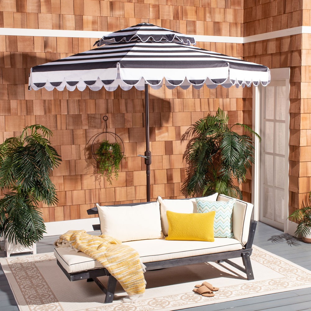 french patio umbrella LAGarden 6 Ft Fringe with Tassel Jazz Age Wood UPF50+ for Transform your outdoor space into a serene oasis with the Torsa 9 ft crank umbrella in a delightful baby blue shade Maria Stripe Taupe Fabric Vintage
