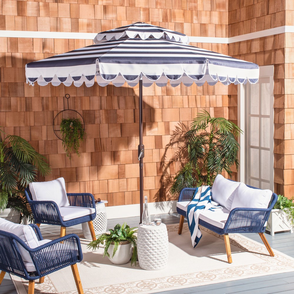 blue striped patio umbrella cheap Inès French Country Blue Striped Double Tier Scalloped Patio Umbrella