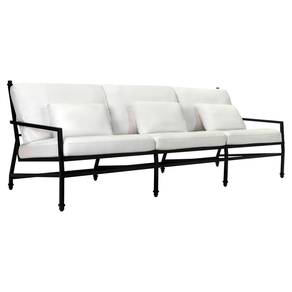 Eterna Updated Traditional Cream Upholstered Black Aluminum Outdoor Sofa - 100"|