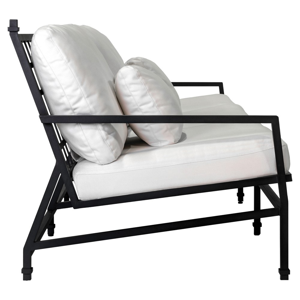 Eterna Updated Traditional Cream Upholstered Black Aluminum Outdoor Sofa - 100"|