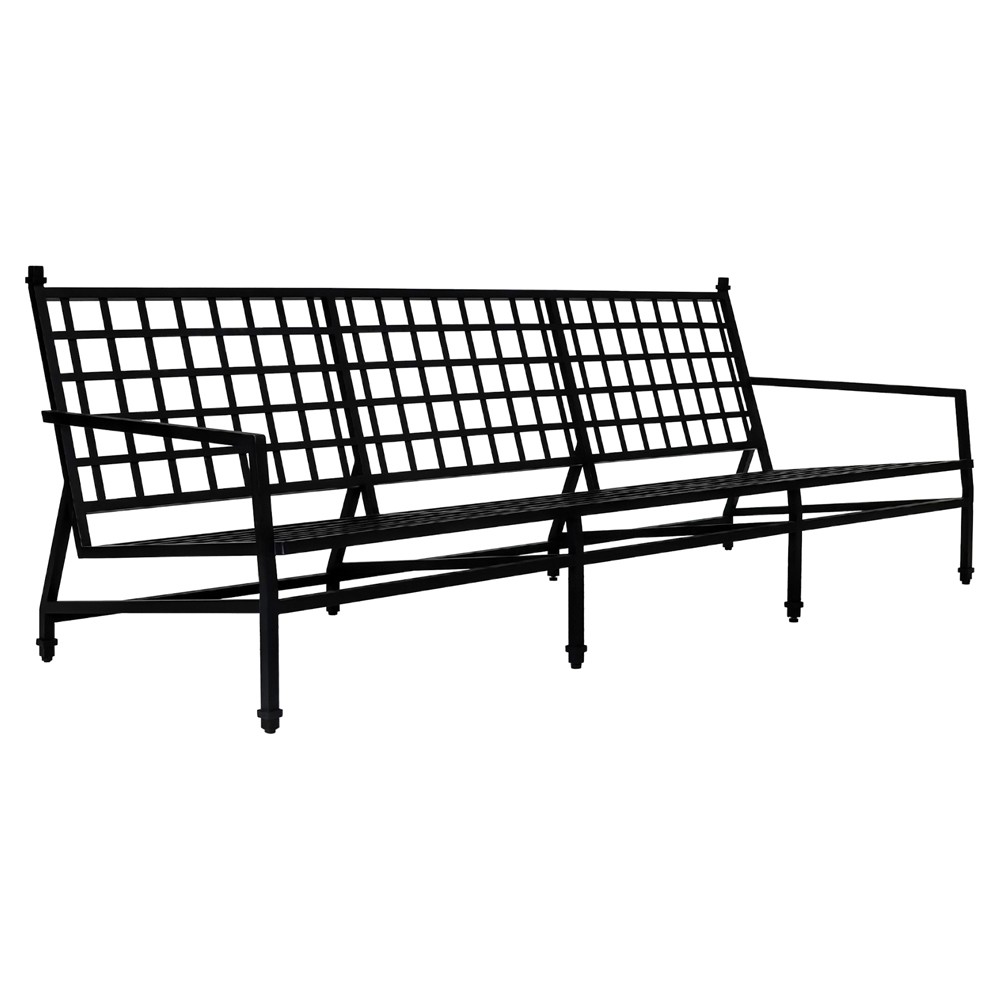 Eterna Updated Traditional Cream Upholstered Black Aluminum Outdoor Sofa - 100"|