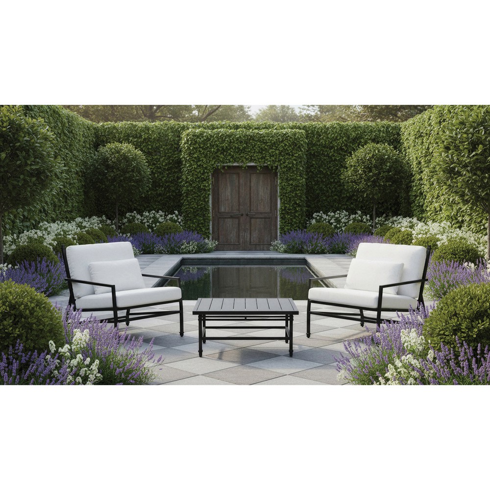 Eterna Updated Traditional Cream Upholstered Black Aluminum Outdoor Lounge Chair|