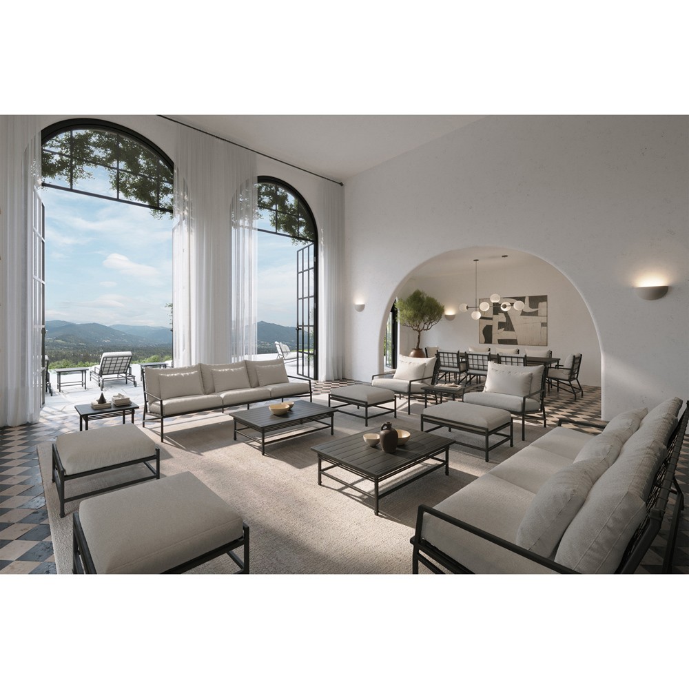 Eterna Updated Traditional Cream Upholstered Black Aluminum Outdoor Lounge Chair|