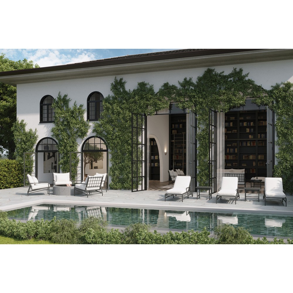 Eterna Updated Traditional Cream Upholstered Black Aluminum Outdoor Chaise - Set of 2|