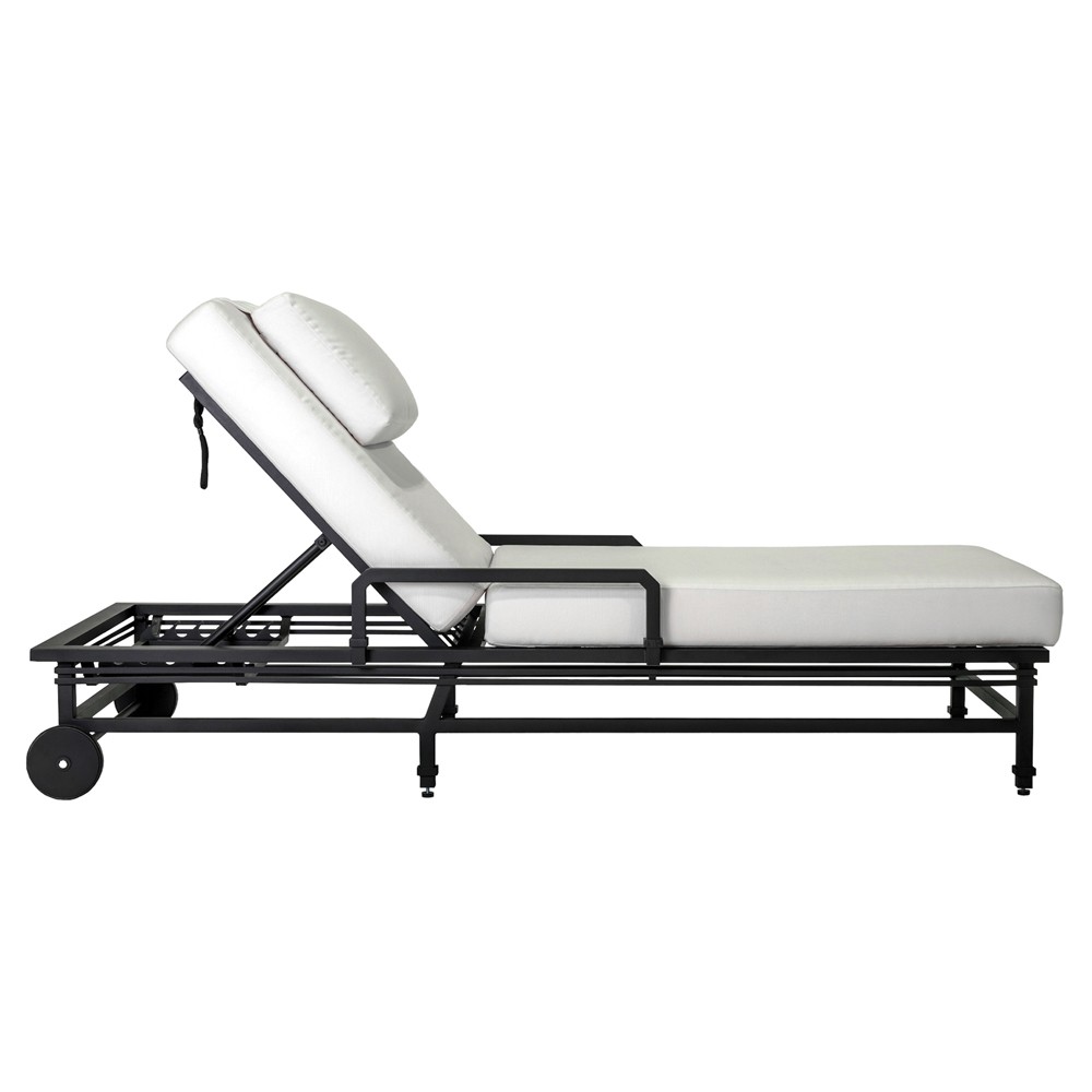 Eterna Updated Traditional Cream Upholstered Black Aluminum Outdoor Chaise - Set of 2|