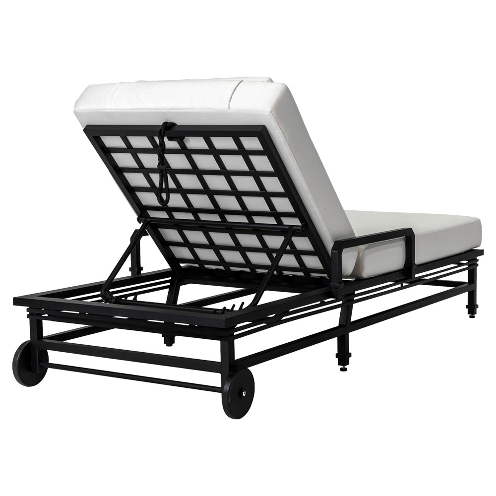 Eterna Updated Traditional Cream Upholstered Black Aluminum Outdoor Chaise - Set of 2|