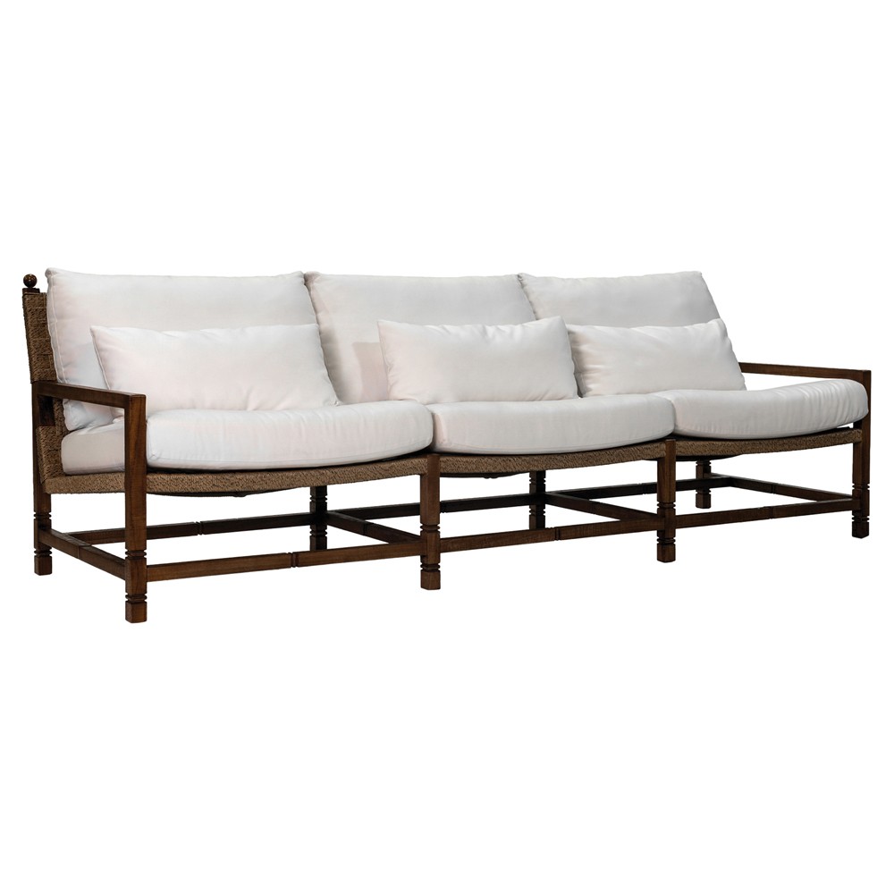 Vaterra Traditional Cream Upholstered Woven Rattan Brown Teak Outdoor Sofa - 104"|