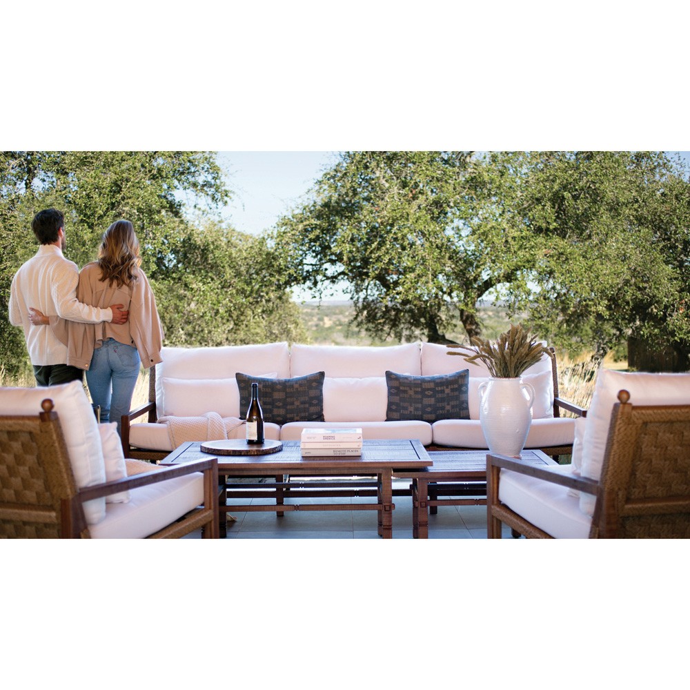 Vaterra Traditional Cream Upholstered Woven Rattan Brown Teak Outdoor Sofa - 104"|