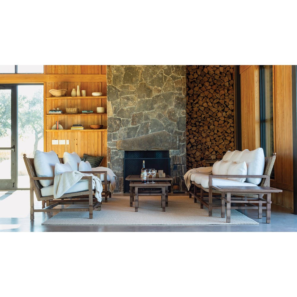 Vaterra Traditional Cream Upholstered Woven Rattan Brown Teak Outdoor Sofa - 104"|