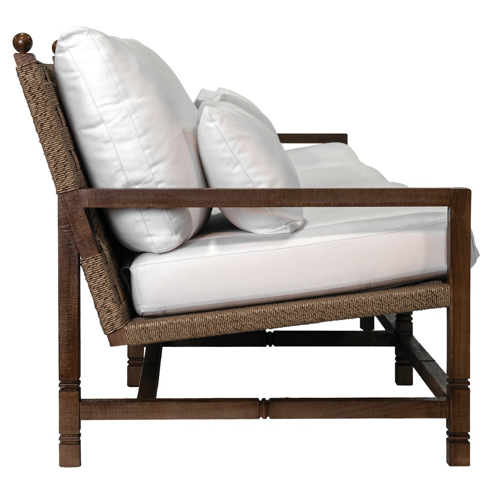 Vaterra Traditional Cream Upholstered Woven Rattan Brown Teak Outdoor Sofa - 104"|