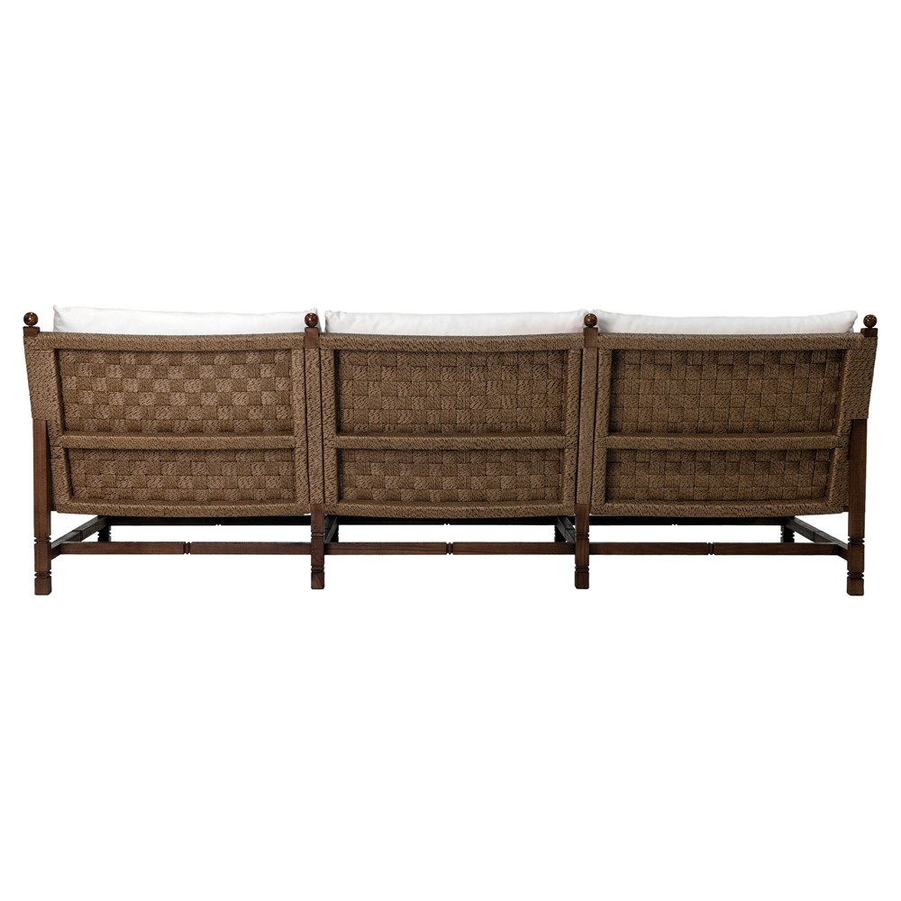 Vaterra Traditional Cream Upholstered Woven Rattan Brown Teak Outdoor Sofa - 104"|