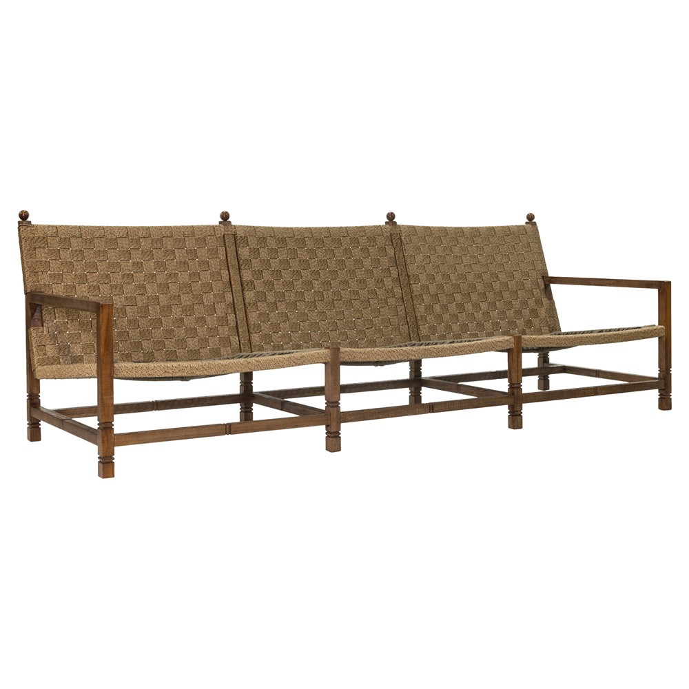 Vaterra Traditional Cream Upholstered Woven Rattan Brown Teak Outdoor Sofa - 104"|