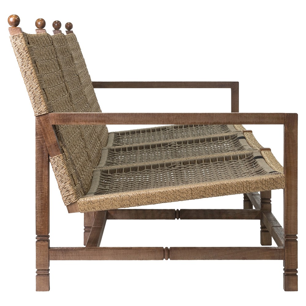 Vaterra Traditional Cream Upholstered Woven Rattan Brown Teak Outdoor Sofa - 104"|
