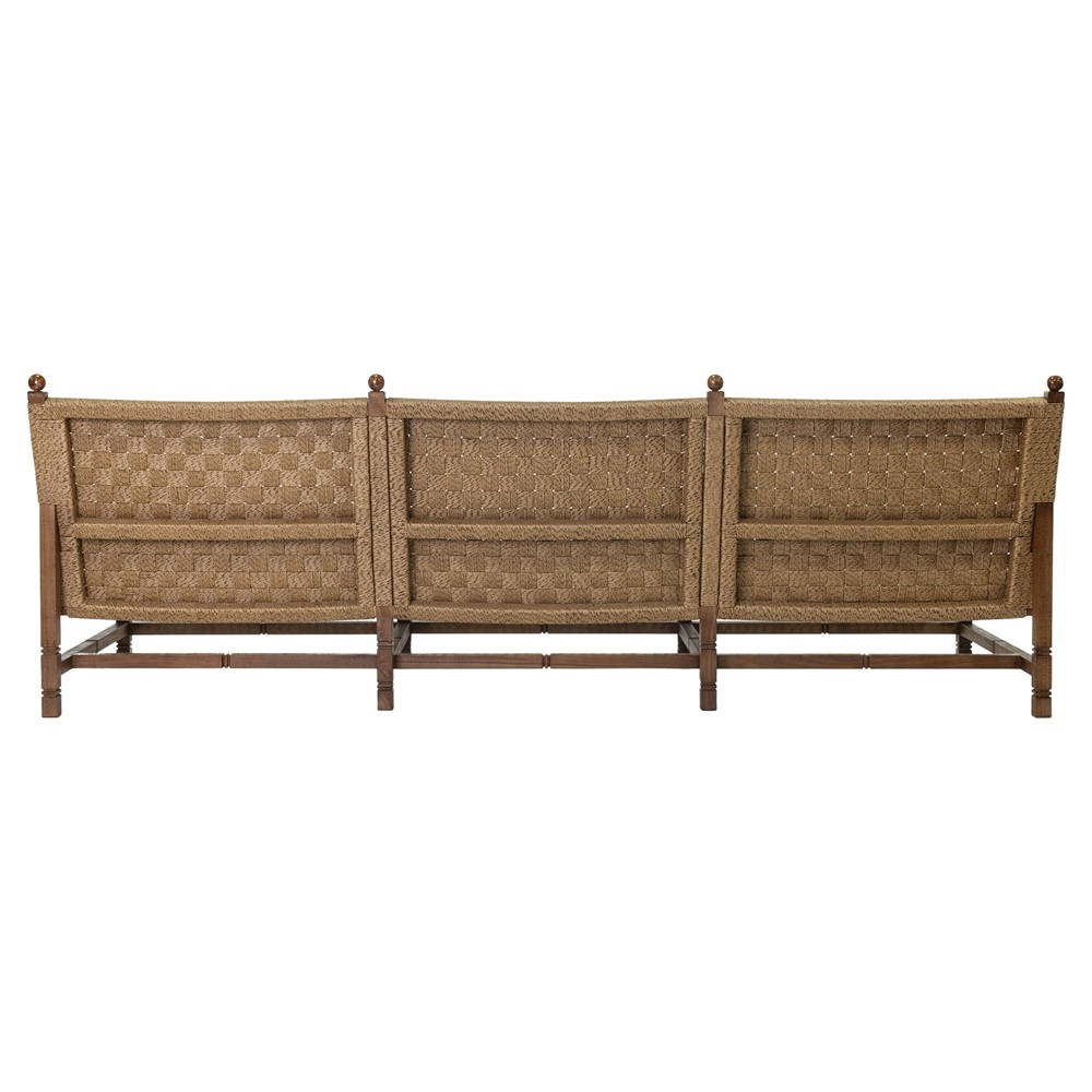 Vaterra Traditional Cream Upholstered Woven Rattan Brown Teak Outdoor Sofa - 104"|