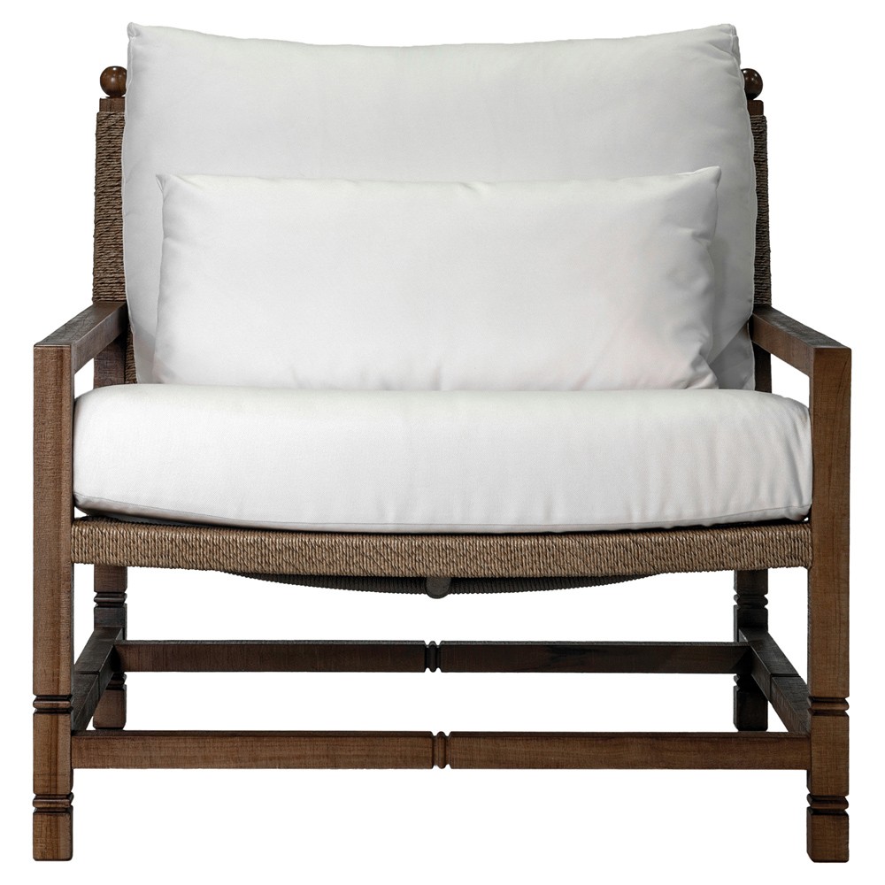 Vaterra Traditional Cream Upholstered Woven Rattan Brown Teak Outdoor Lounge Chair|