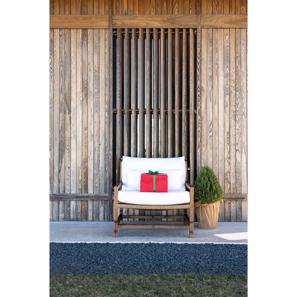 Vaterra Traditional Cream Upholstered Woven Rattan Brown Teak Outdoor Lounge Chair|