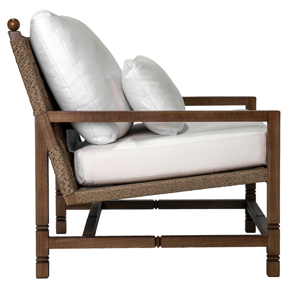 Vaterra Traditional Cream Upholstered Woven Rattan Brown Teak Outdoor Lounge Chair|