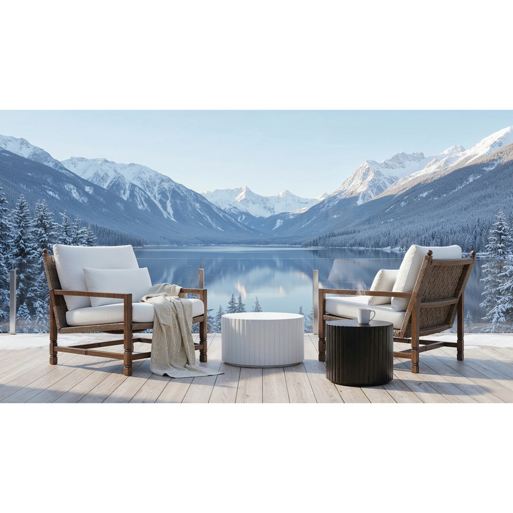 Vaterra Traditional Cream Upholstered Woven Rattan Brown Teak Outdoor Lounge Chair|