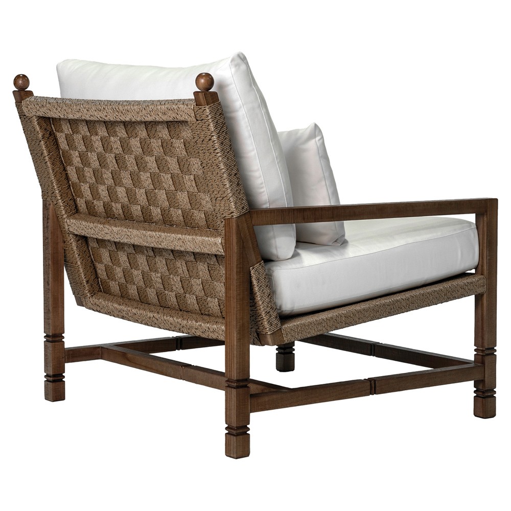 Vaterra Traditional Cream Upholstered Woven Rattan Brown Teak Outdoor Lounge Chair|