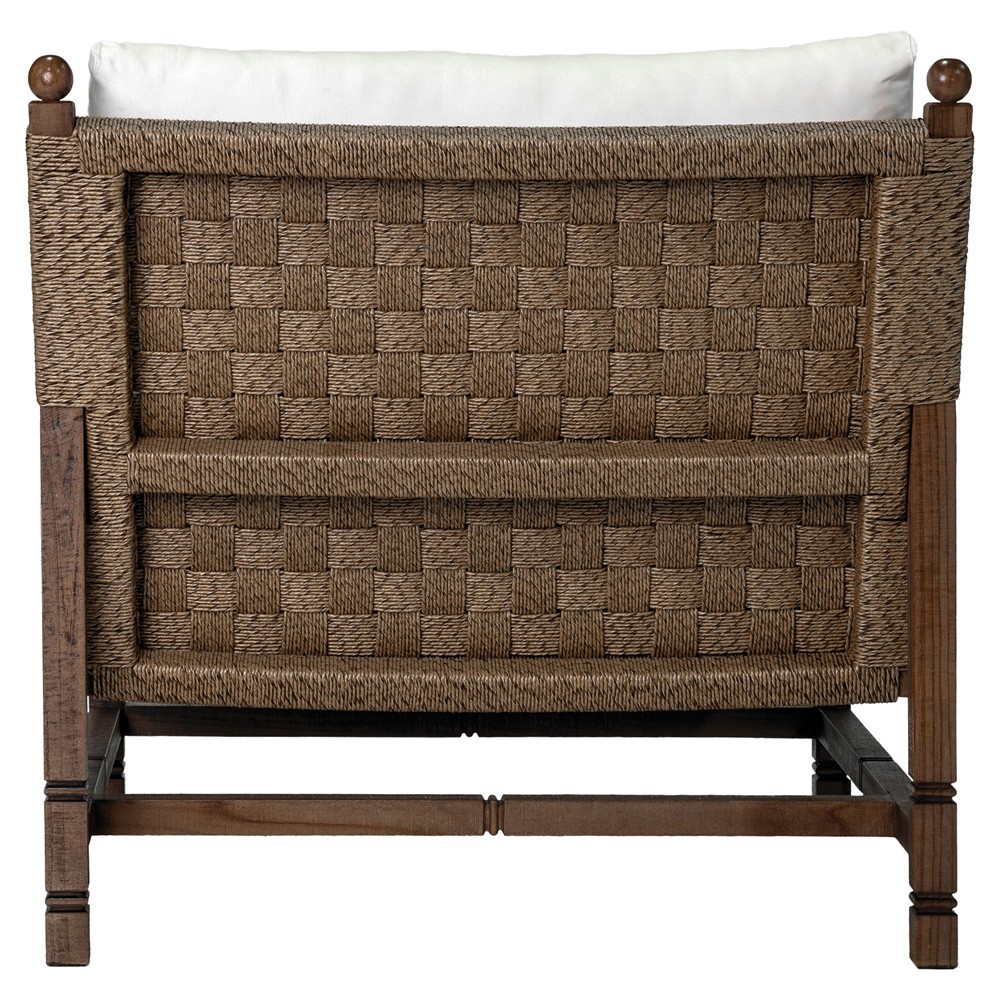 Vaterra Traditional Cream Upholstered Woven Rattan Brown Teak Outdoor Lounge Chair|