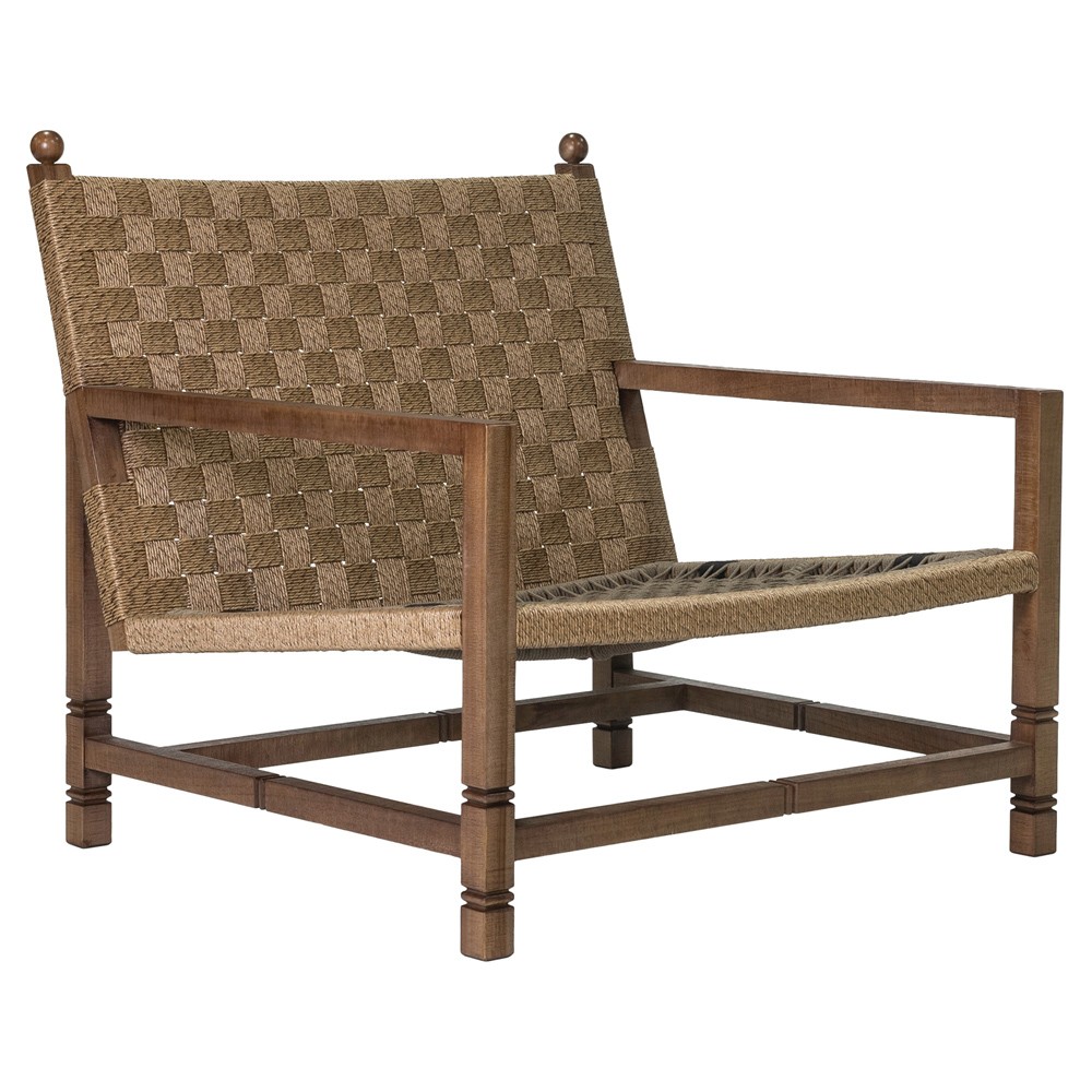 Vaterra Traditional Cream Upholstered Woven Rattan Brown Teak Outdoor Lounge Chair|