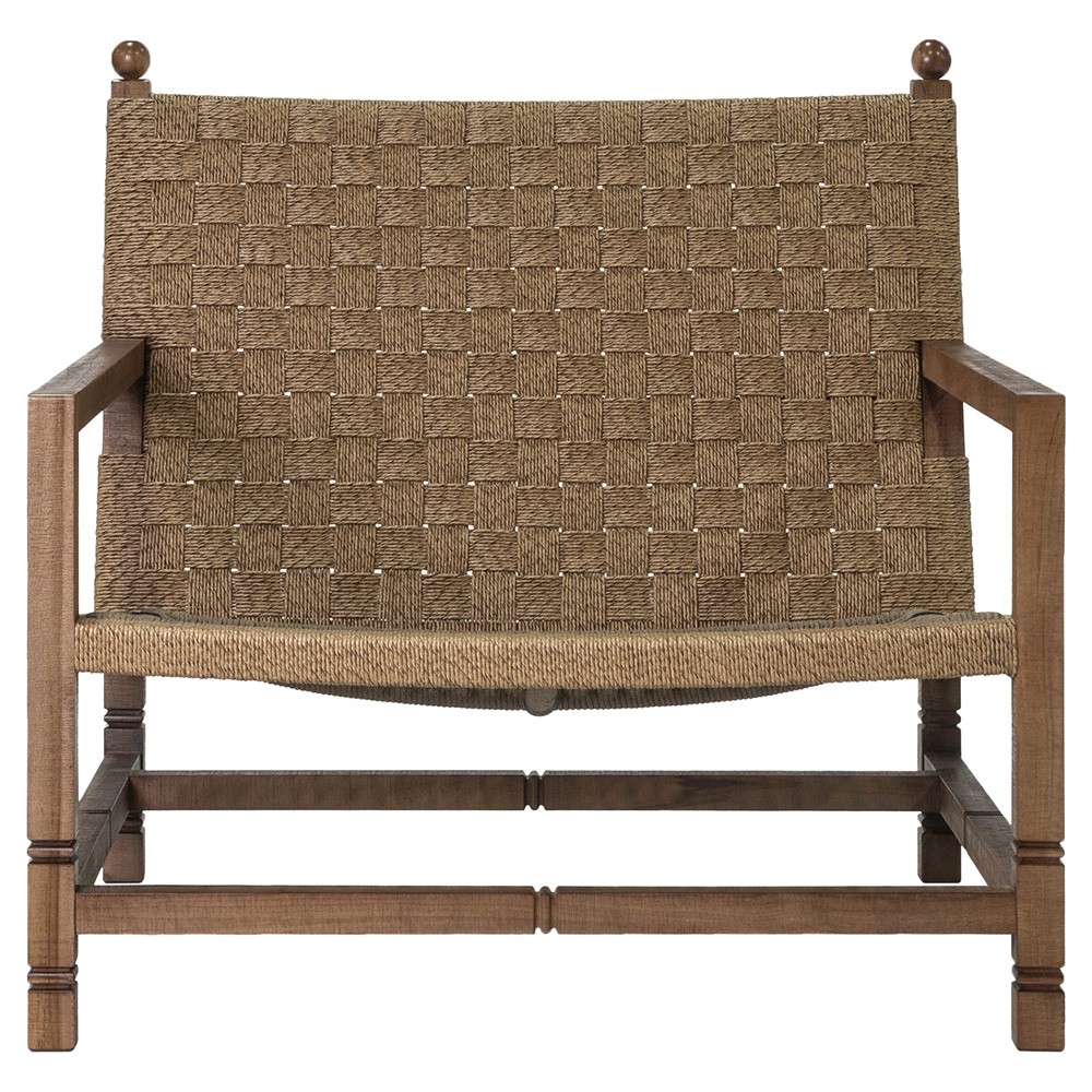 Vaterra Traditional Cream Upholstered Woven Rattan Brown Teak Outdoor Lounge Chair|