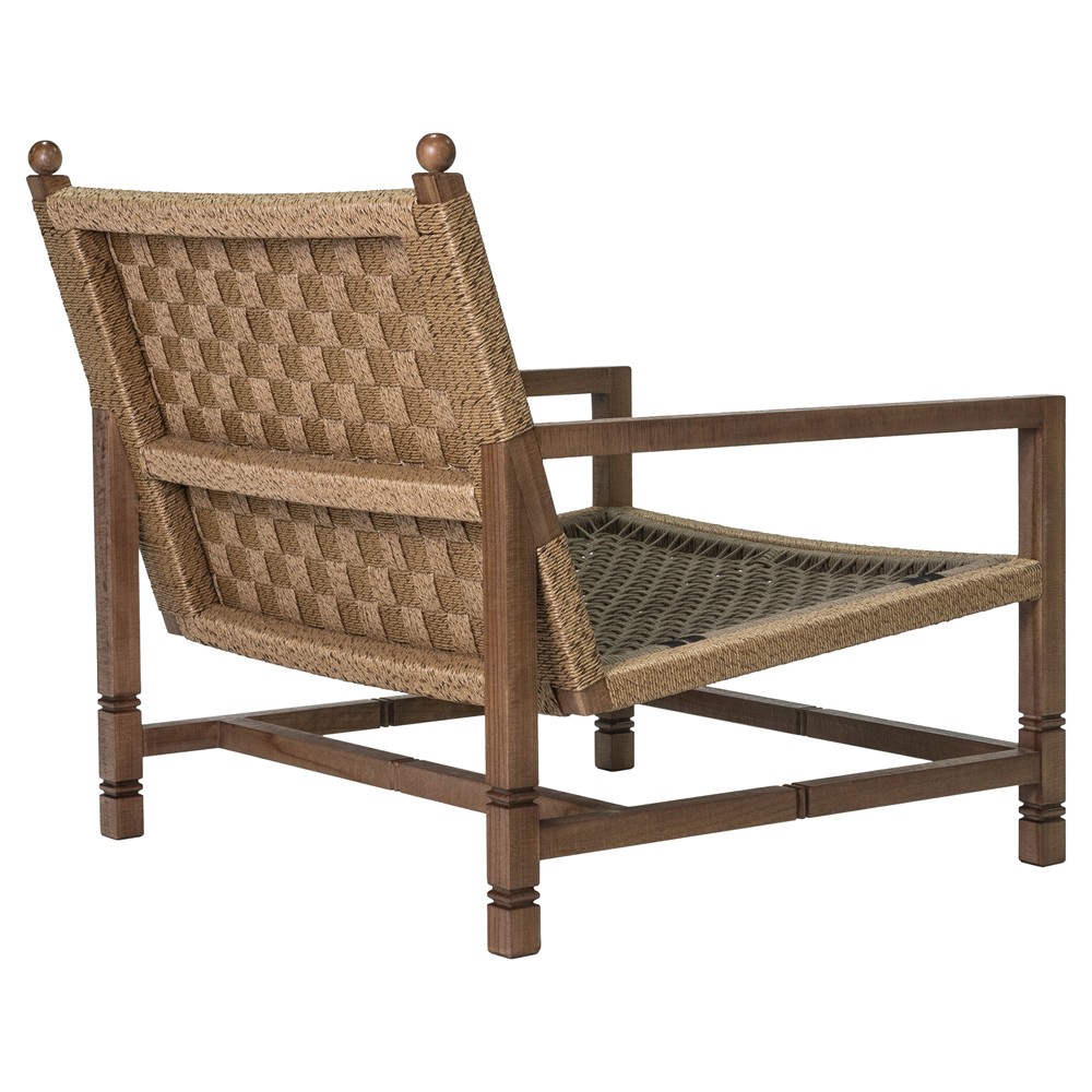 Vaterra Traditional Cream Upholstered Woven Rattan Brown Teak Outdoor Lounge Chair|