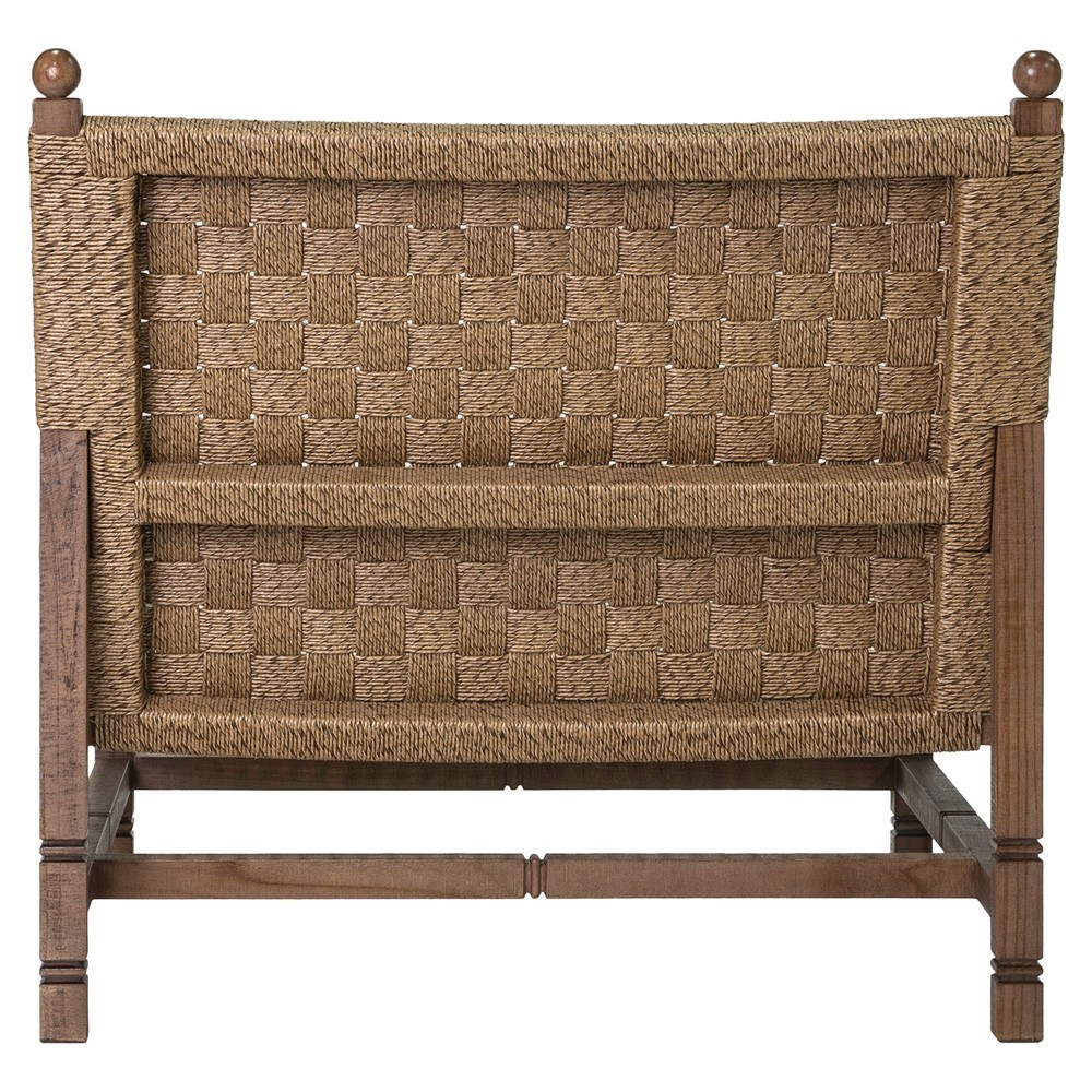 Vaterra Traditional Cream Upholstered Woven Rattan Brown Teak Outdoor Lounge Chair|
