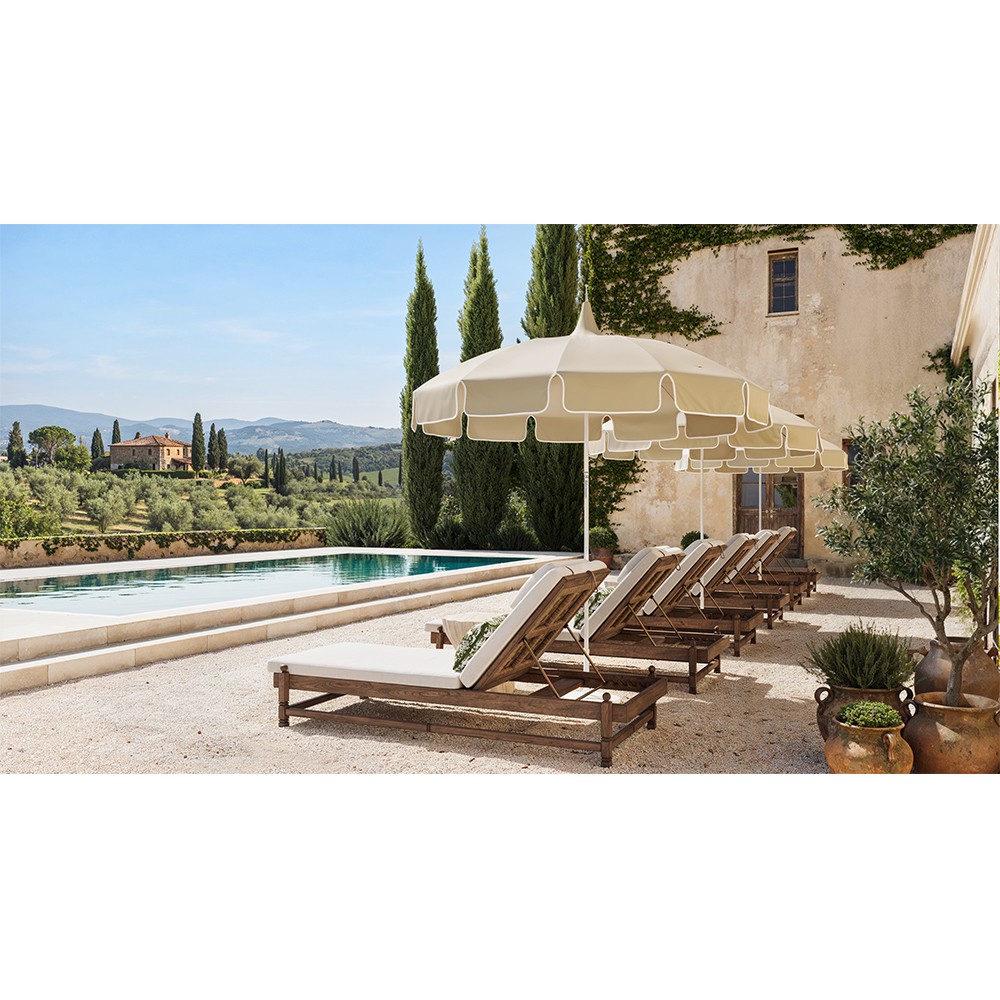 Vaterra Traditional Cream Upholstered Brown Teak Outdoor Chaise - Set of 2|