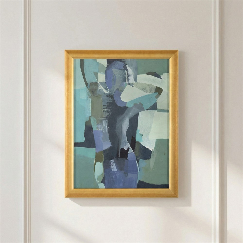 John Richard Implied Bend Blue Abstract Gold Frame Painting - 46x36|
