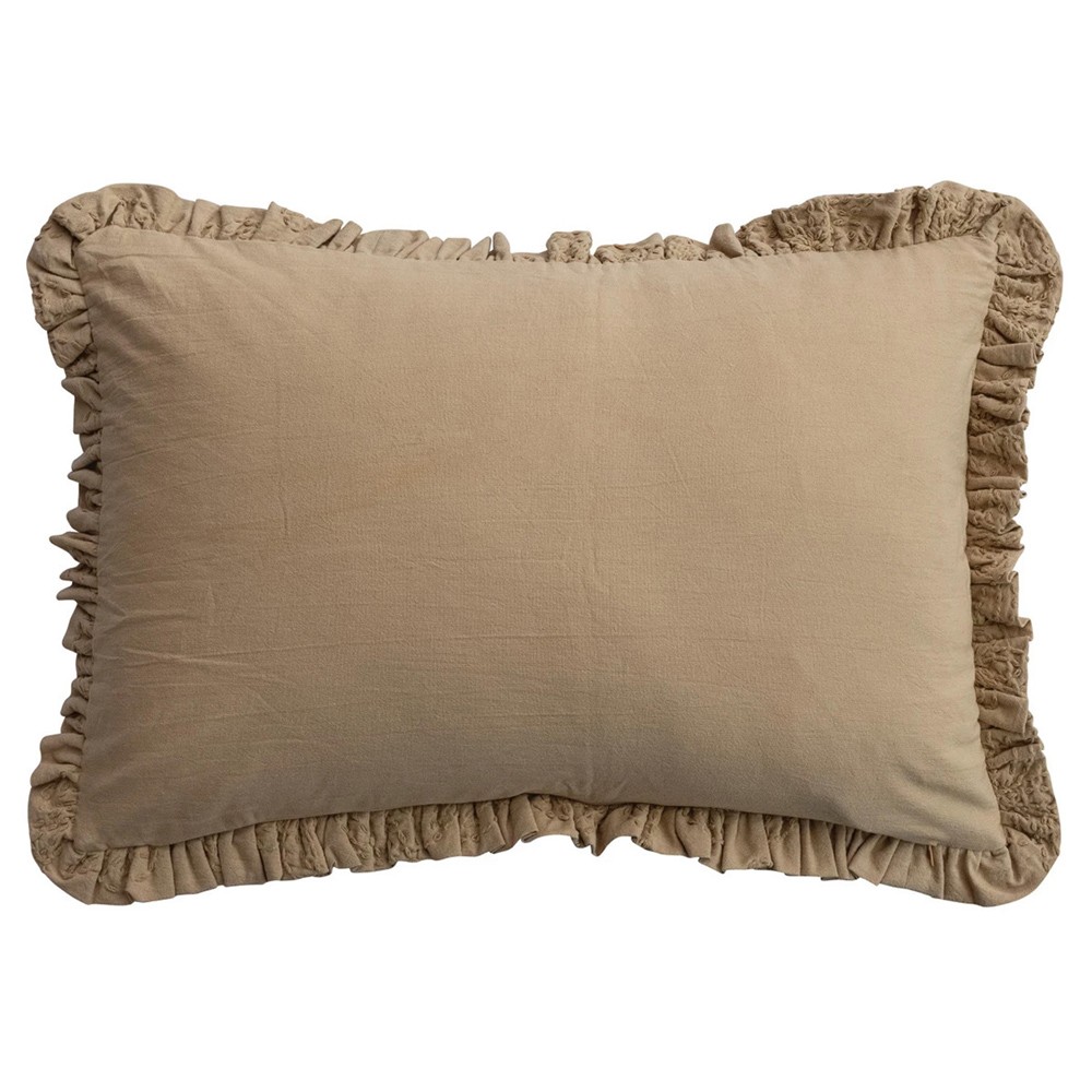 Jory Updated Traditional Beige Cotton Embroidered Floral Lumbar Pillow - 16x24|