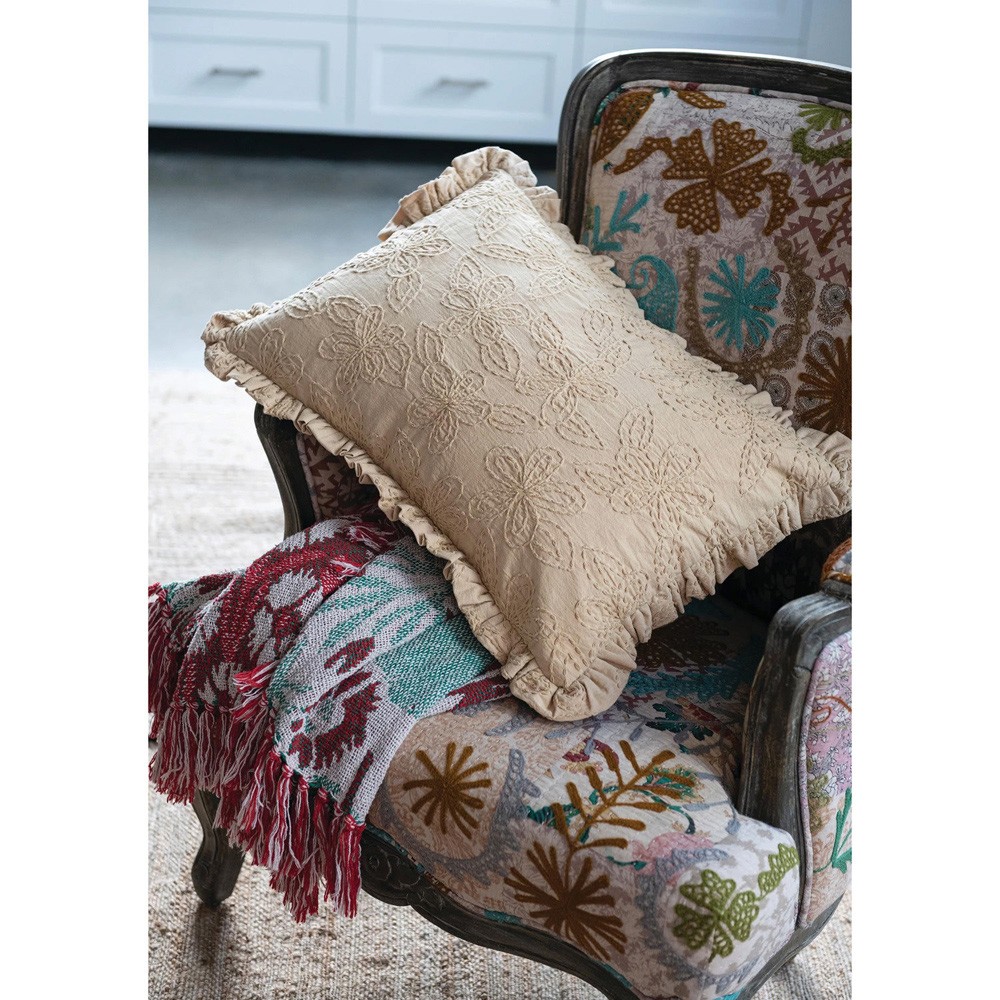 Jory Updated Traditional Beige Cotton Embroidered Floral Lumbar Pillow - 16x24|