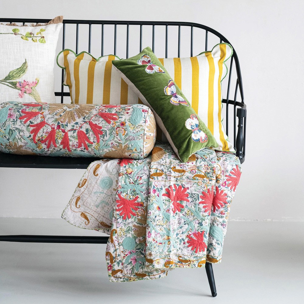 Carmont Updated Traditional Beige Embroidered Floral Lumbar Pillow - 14x20|