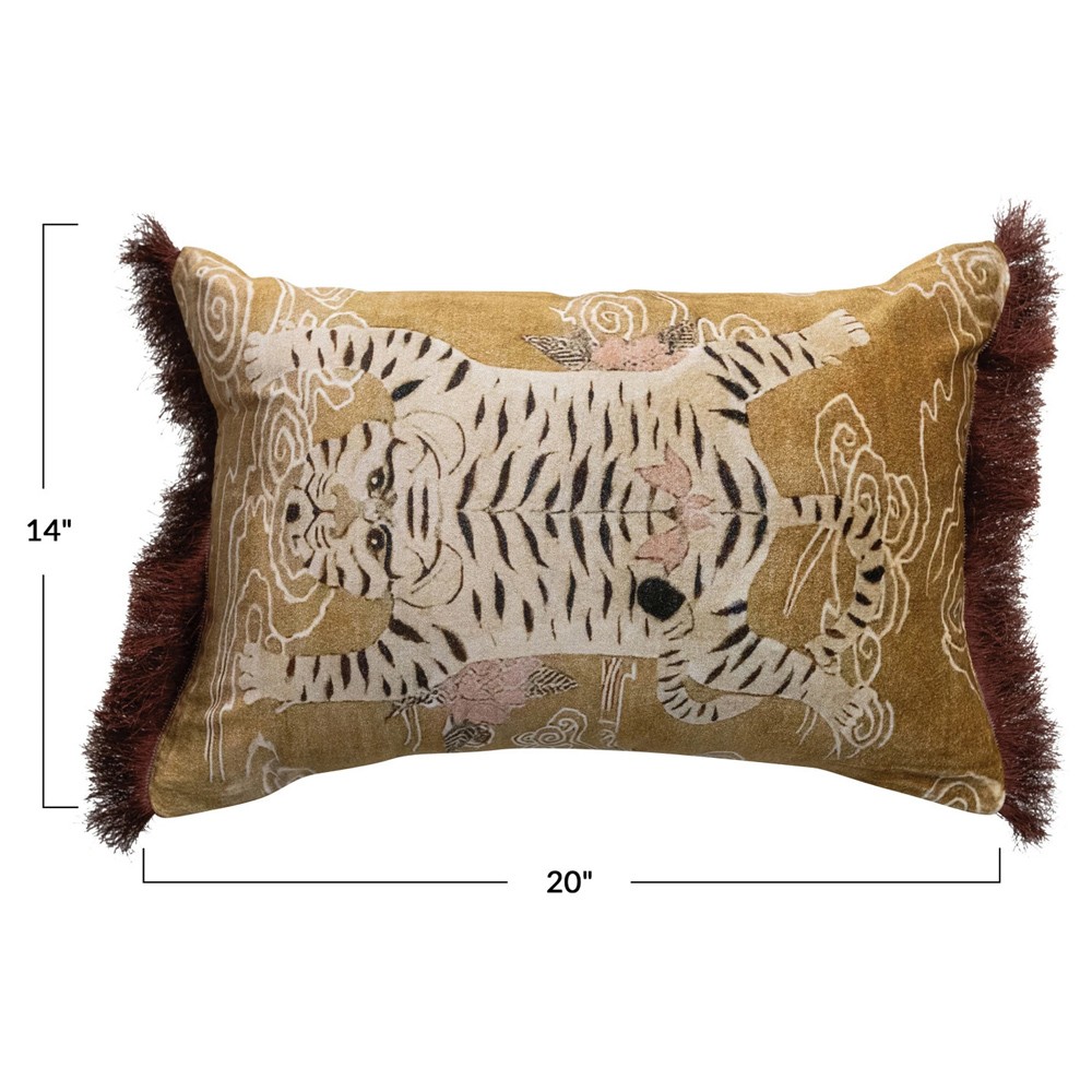 Wexford Updated Traditional Gold Printed Velvet Tiger Lumbar Pillow - 14x20|