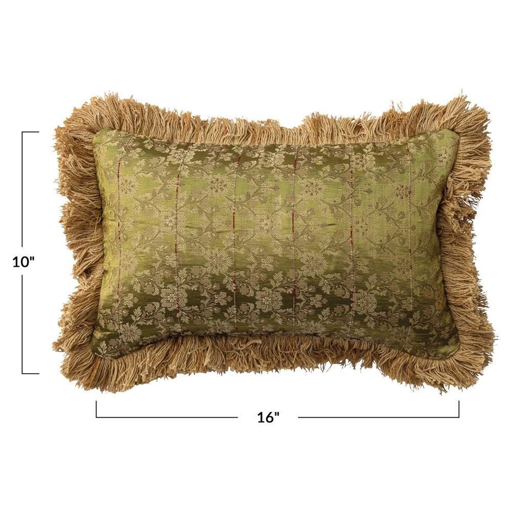 Gilla Updated Traditional Green Floral Fringe Lumbar Pillow - 10x16|