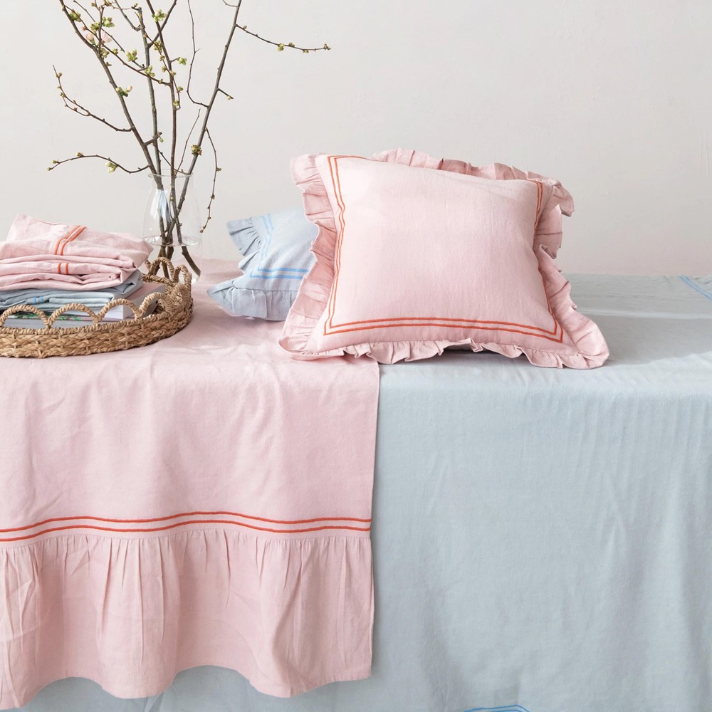 Xaria Updated Traditional Blue Embroidered Stripe Border Throw Pillow - 18x18|